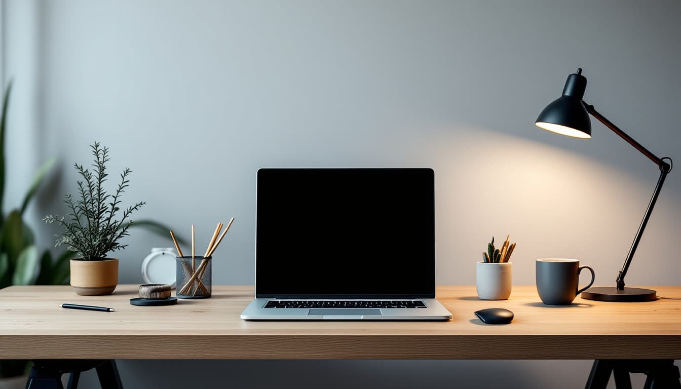 AI generated: A professional and minimalist office setup for a software developer's LinkedIn cover image. The scen...