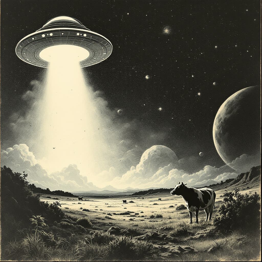 AI generated: 
cow abducted by a spacecraft night scene, vintage poster feeling