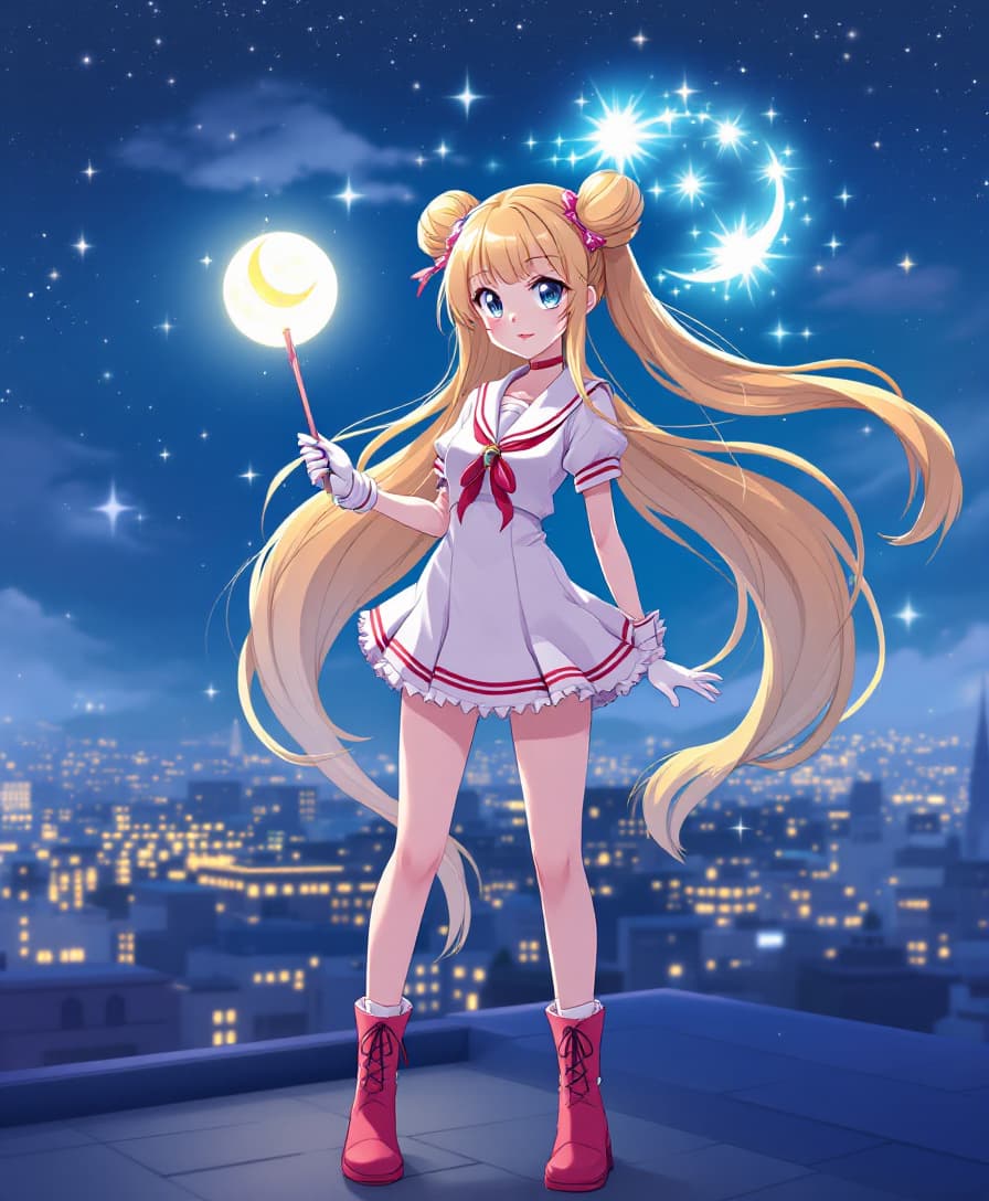 AI generated: A magical girl with long flowing blonde hair in twin buns, wearing a sailor-style outfit with a shor...
