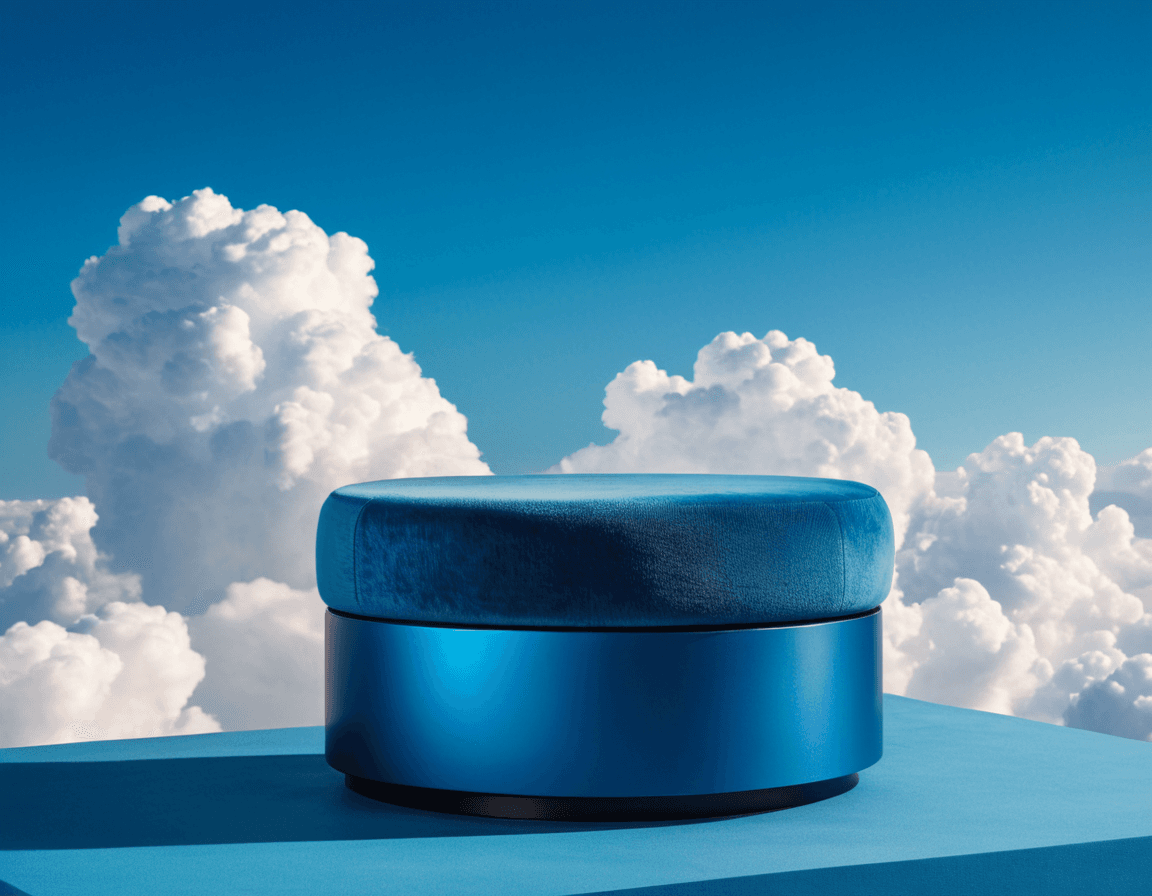 AI generated: Product photography, beautiful blue podium for product, super detalised and fashion, with puffy clou...
