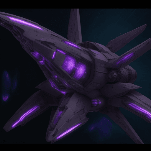 AI generated: anime spaceship, evil dark, violet lights, creative original innovative design, best resolution, bes...