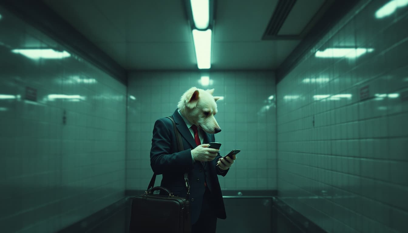 AI generated: an anthropomorphic cream cute dog, deutscher pincher, wearing Suit, briefcase, cellphone, coffee sta...