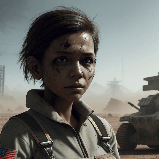 AI generated: A futuristic scifi post apocalyptic dystopia, of a female us scientist wearing flight overalls, indo...