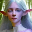AI generated: colors, sharp light blue eyes, A soul-panoramic portrait of a female elf, grins, her grace enhanced ...