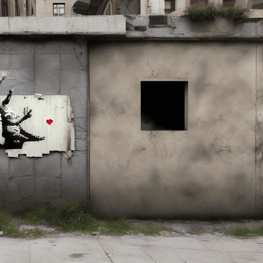 AI generated: gravity wall with work of the artist Banksy in war zone, high definition, 4k, 8k, photorealism