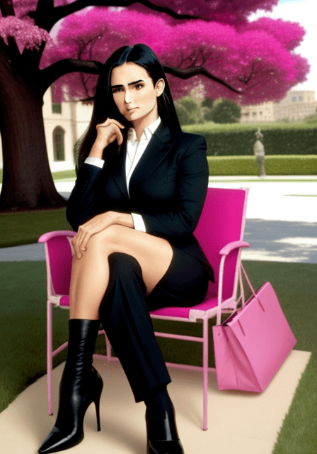 AI generated: Demi Moore with agent rome clothes sitting under the pink tree, sexy