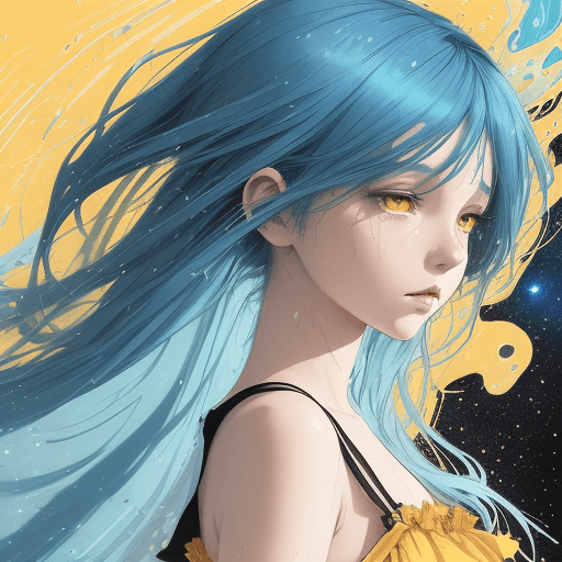 AI generated: illustration of a girl with blue hair, art print, in the style of dark yellow and light azure, water...