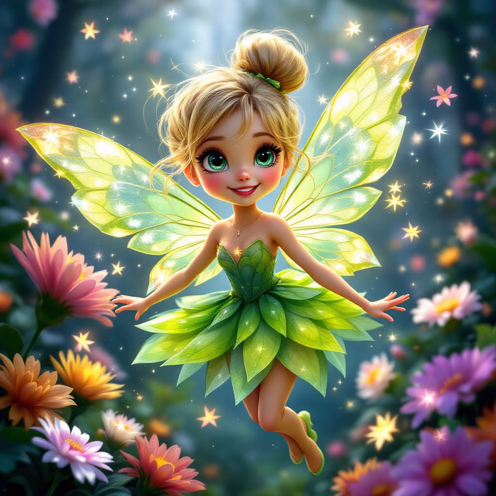 AI generated: Design a charming, fairy with glowing, translucent wings, wearing a vibrant green petal-inspired dre...
