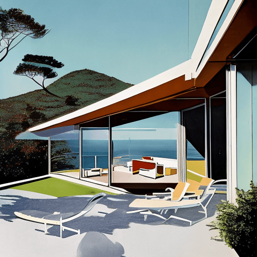AI generated: Hyper realistic eye level exterior photo of a mid century modern style house overlooking the ocean, ...