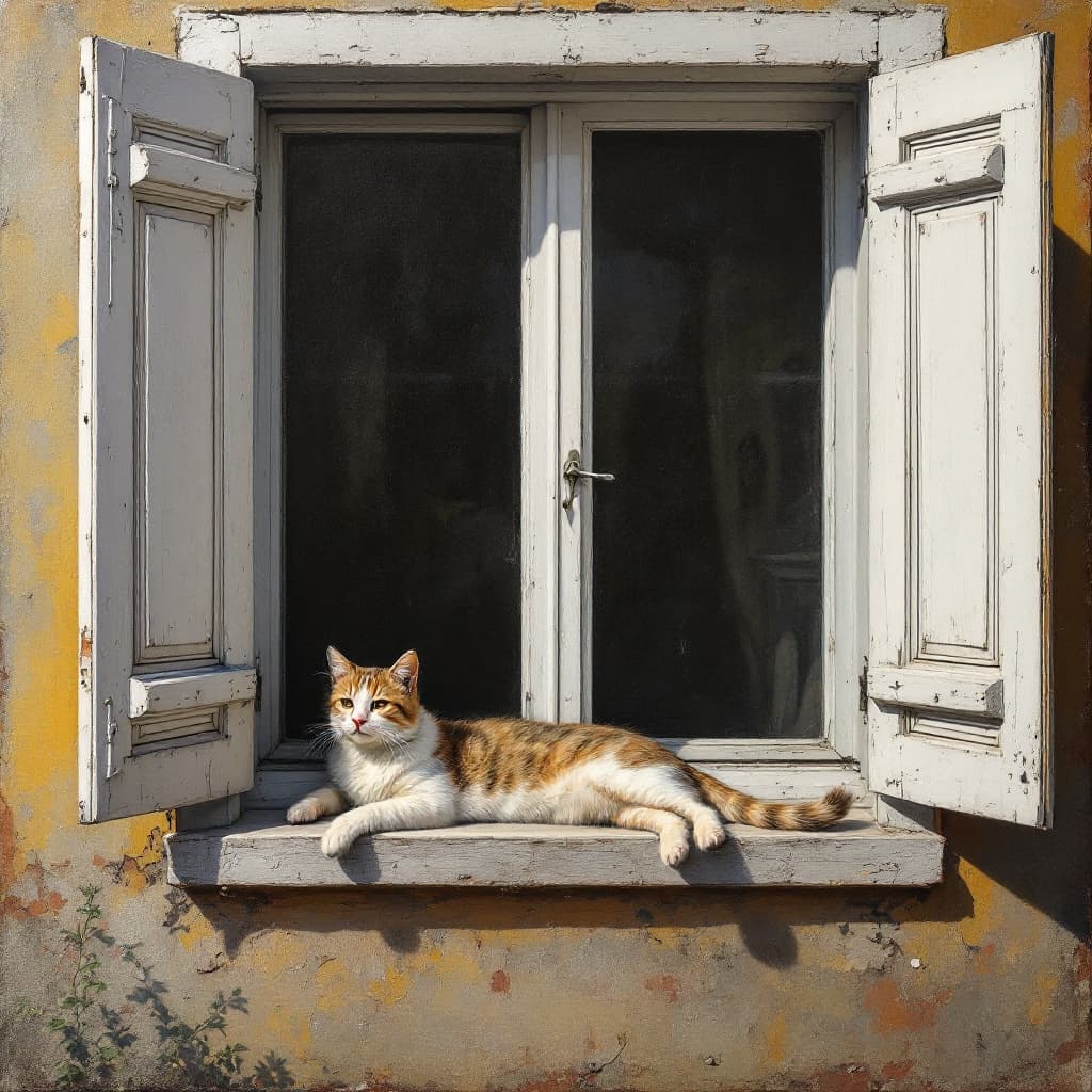 AI generated: A painted window with a cat lounging on the sill, so realistic it appears open to the outside world"...