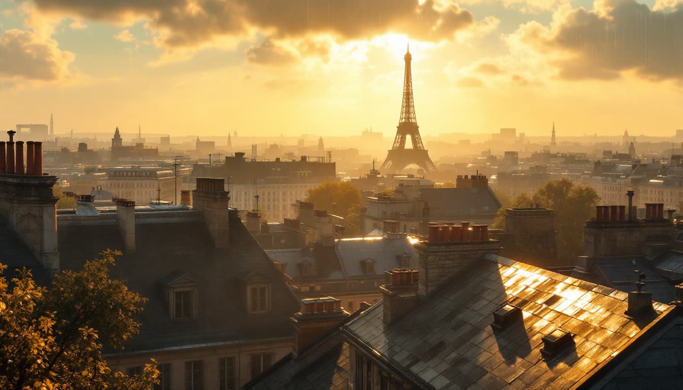 AI generated: hyper-realistic illustration, a panoramic view above the 1900s Paris rooftops after a hot summer rai...