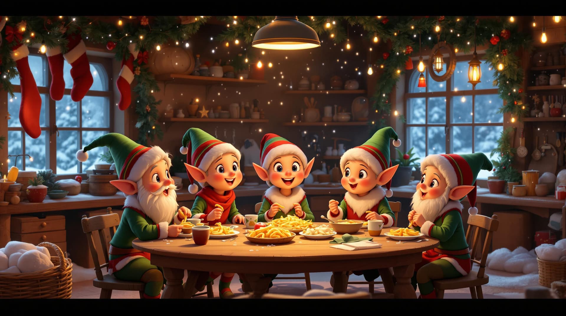 AI generated: A cozy and magical scene in Santa's workshop, featuring small Santa’s elves with pointy ears, sittin...