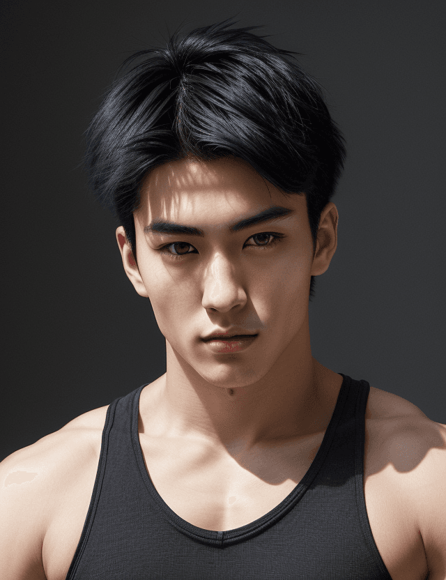 AI generated: A photorealistic portrait of a beautiful 24-year-old Japanese male model, very short dark blue hair,...