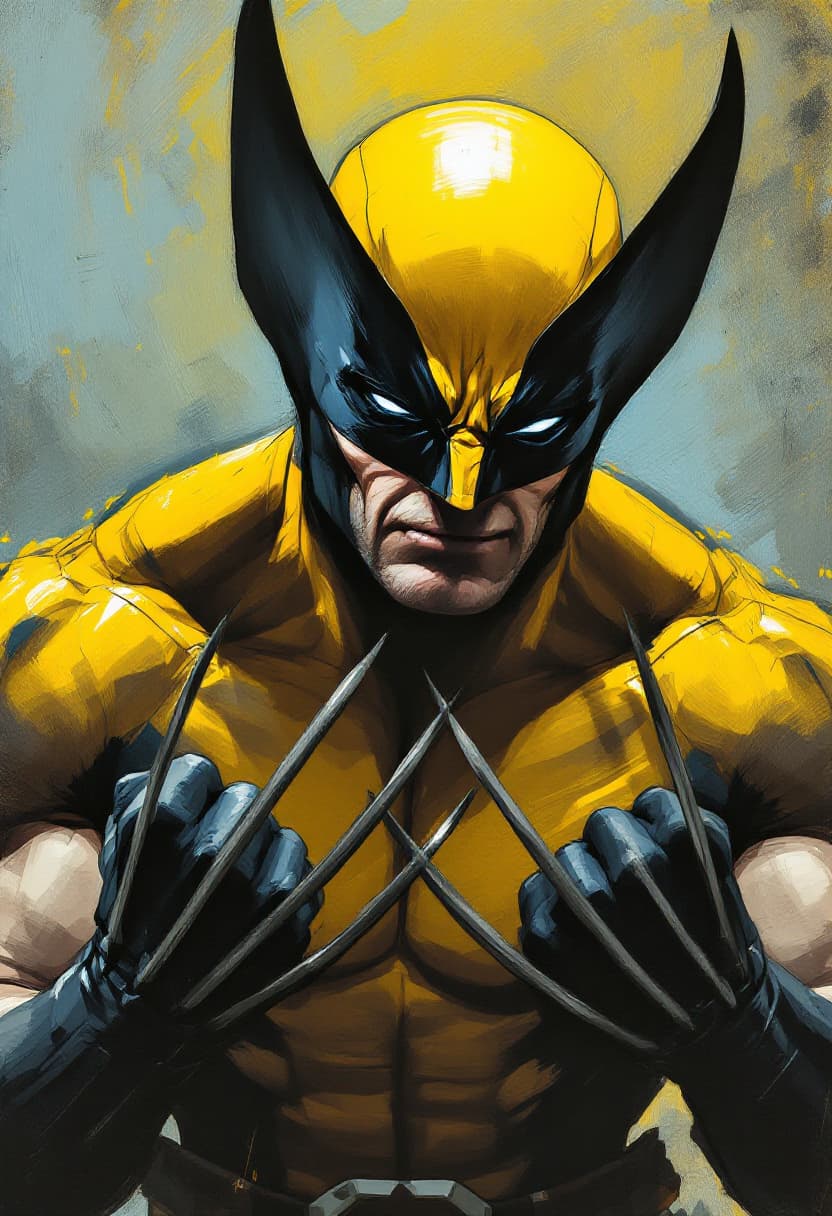 AI generated: 45 degree angled portrait. Dynamic pose. Wolverine, masked, in yellow, showing sharp claws as weapon...