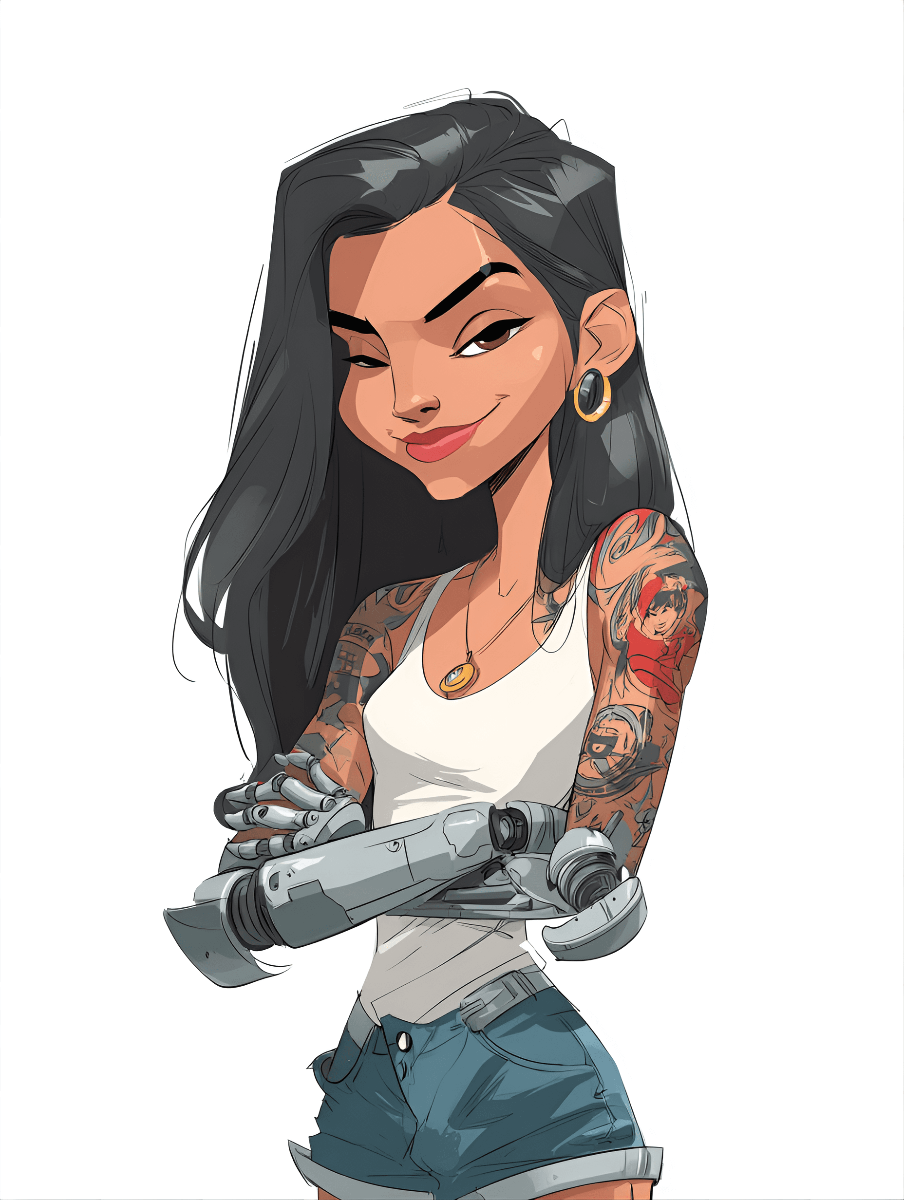 AI generated: funny caricature, cyberpunk adventurer caricature, young hispanic female, 28 years old, long black h...