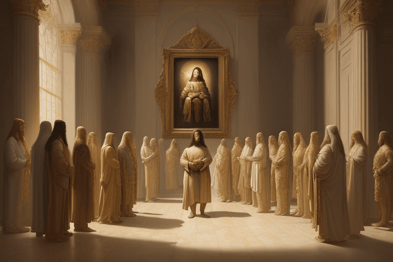 AI generated: breathtaking soft painting of Jesus Christ in the palace of Pontius Pilate, a golden sky, realistic ...