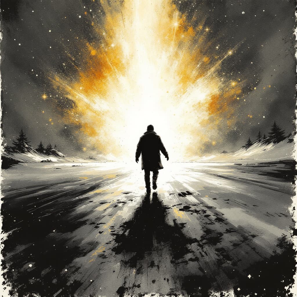 AI generated: Artistic illustration of a cold, desolate winter night, December’s bite in the air, a lone figure (m...