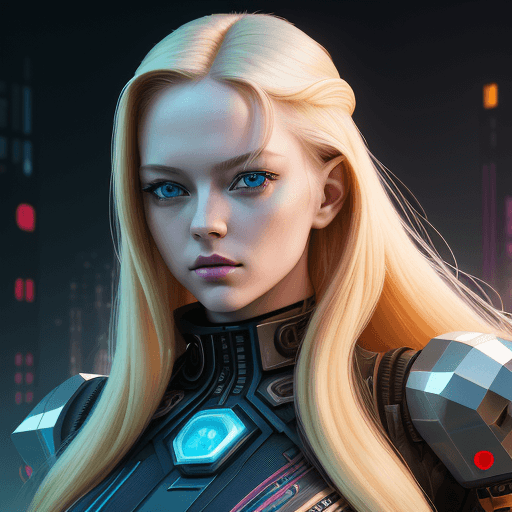 AI generated: beautiful android girl, in the style of tristan eaton, beautiful long blond hair, beautiful blue eye...