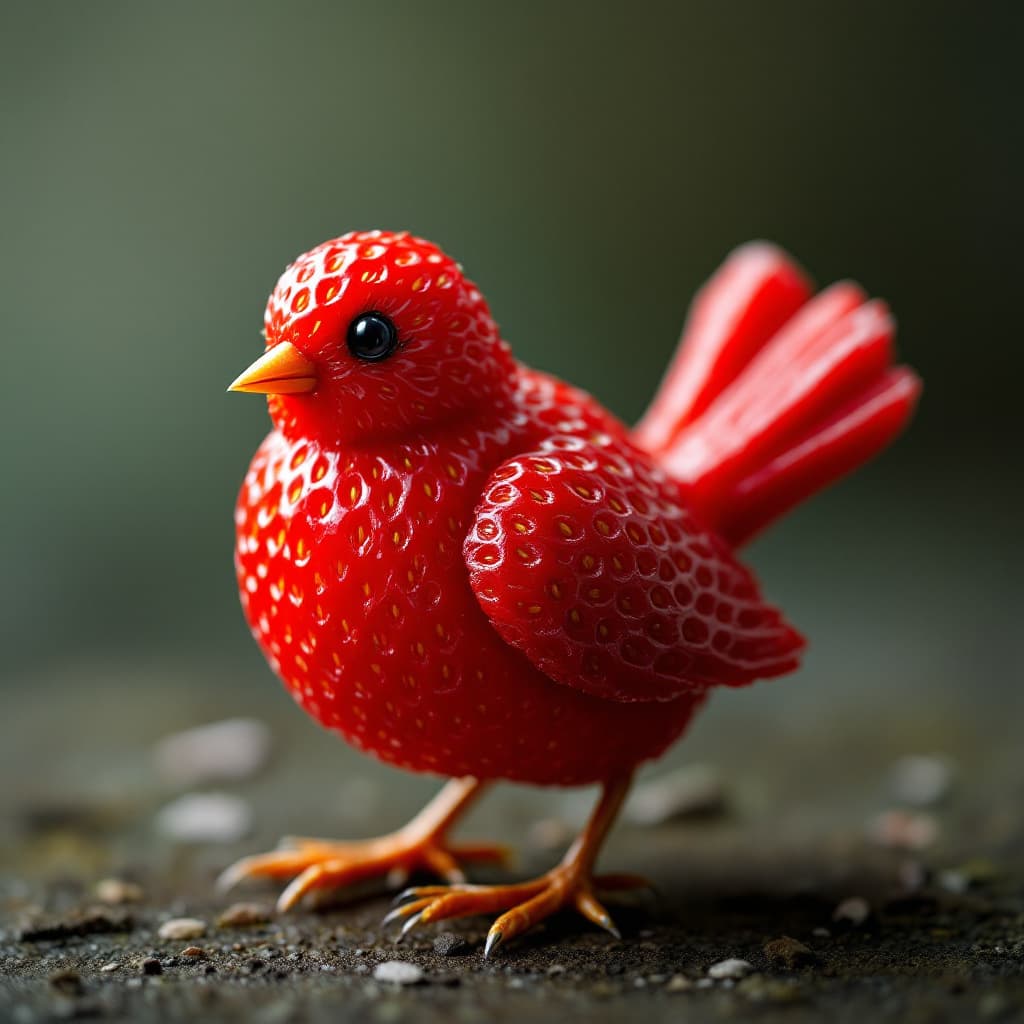 AI generated: a little bird made of a fresh strawberry that has been cut open, photo-realistic techniques --ar 2:3...