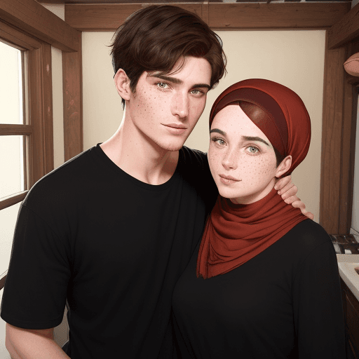 AI generated: a man with short black hair, handsome and kind wearing a black shirt, with a woman reddish brown hai...