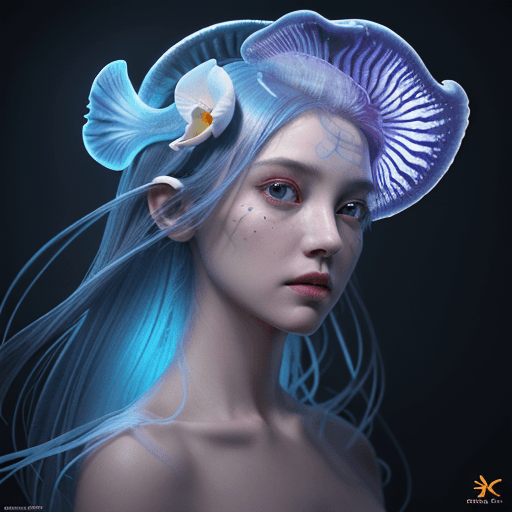 AI generated: Goddess close-up portrait ribcagel. jellyfish phoenix head, nautilus, orchid, skull, betta fish, bio...
