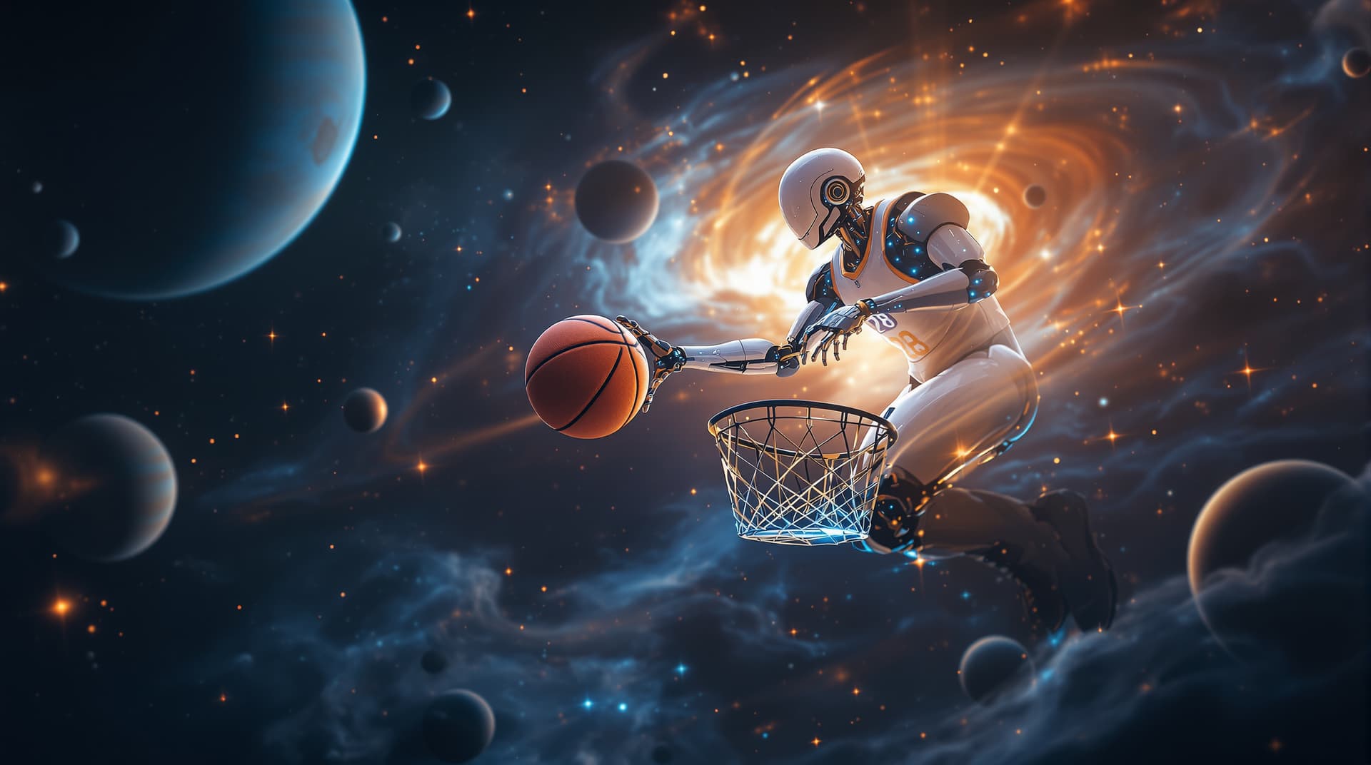 AI generated:  Une scène futuriste met en scène une figurine robotique humanoïde joueur de basket se lançant vers ...