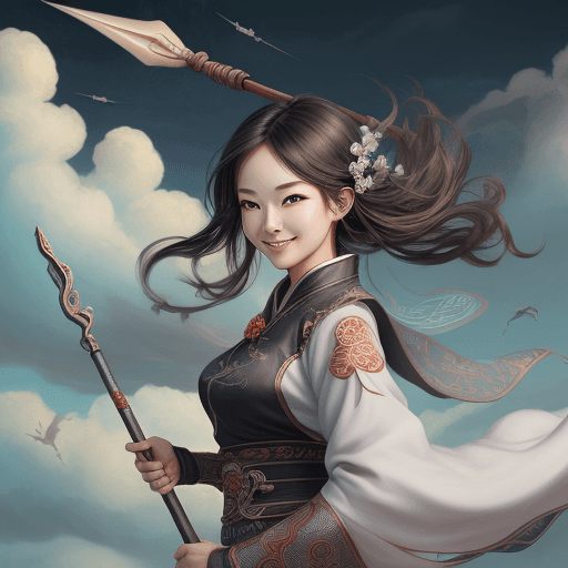 AI generated: pretty girl, smile, holding spear, (flying), chinese mythology,cloudy, detailed sky, abstract backgr...