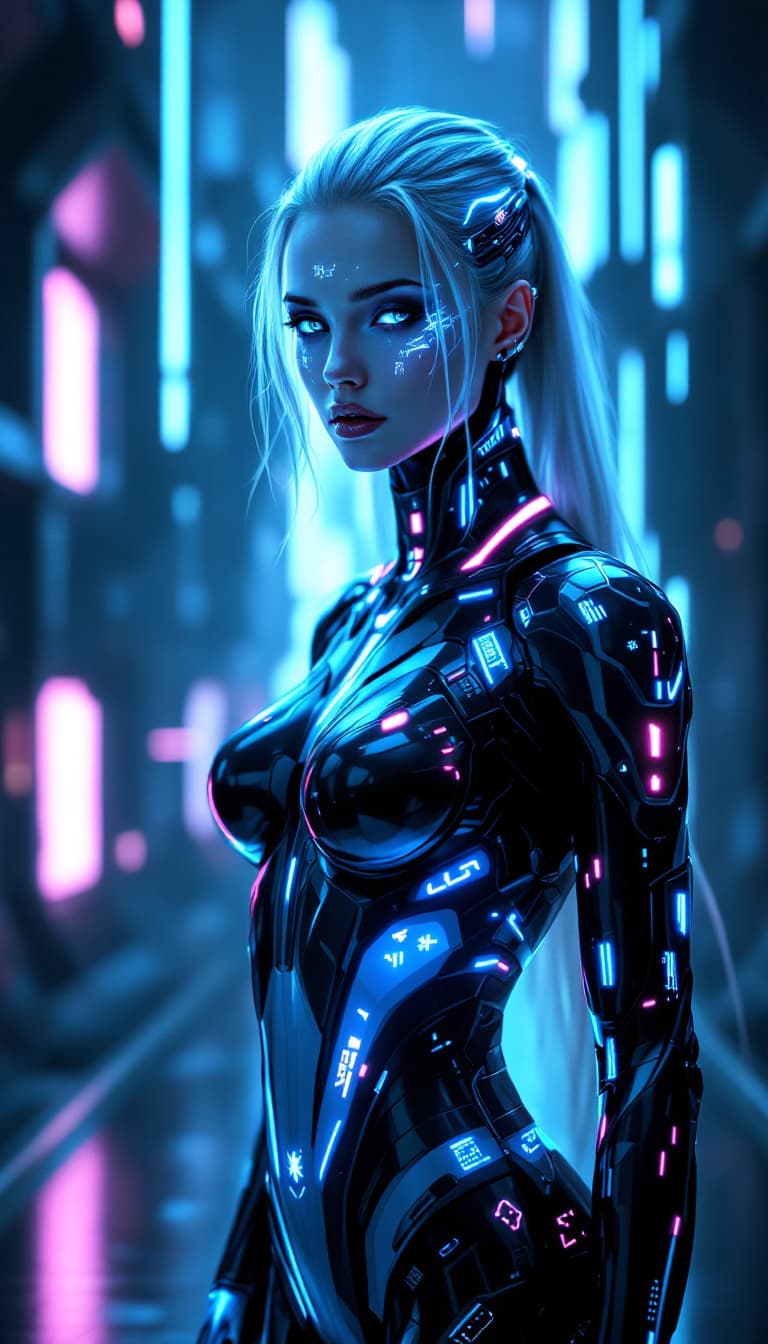AI generated: An ultra-realistic, full-body portrait of an enigmatic cybernetic illuminator woman, exuding a cold ...