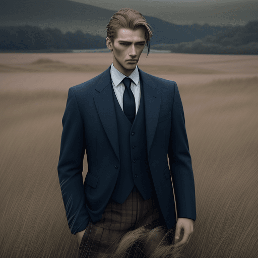 AI generated: a man stands with his head down in some tall grass, in the style of fashion photography, scottish la...