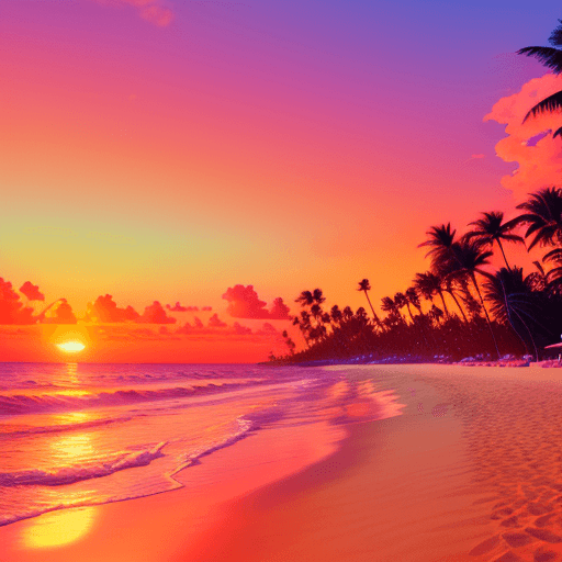 AI generated: palm trees , A serene tropical beach at sunset, golden sand stretching into the distance, vibrant or...
