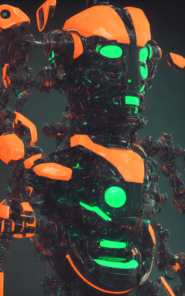 AI generated: 3d rendering, robot, front view, upper-body, neon glow with deep orange and green, gaze, glistening ...