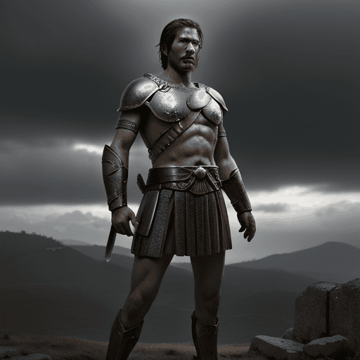 AI generated: ancient greek,alone,male,anime retro, Sparta, a great warrior, stands after the battle, looking into...