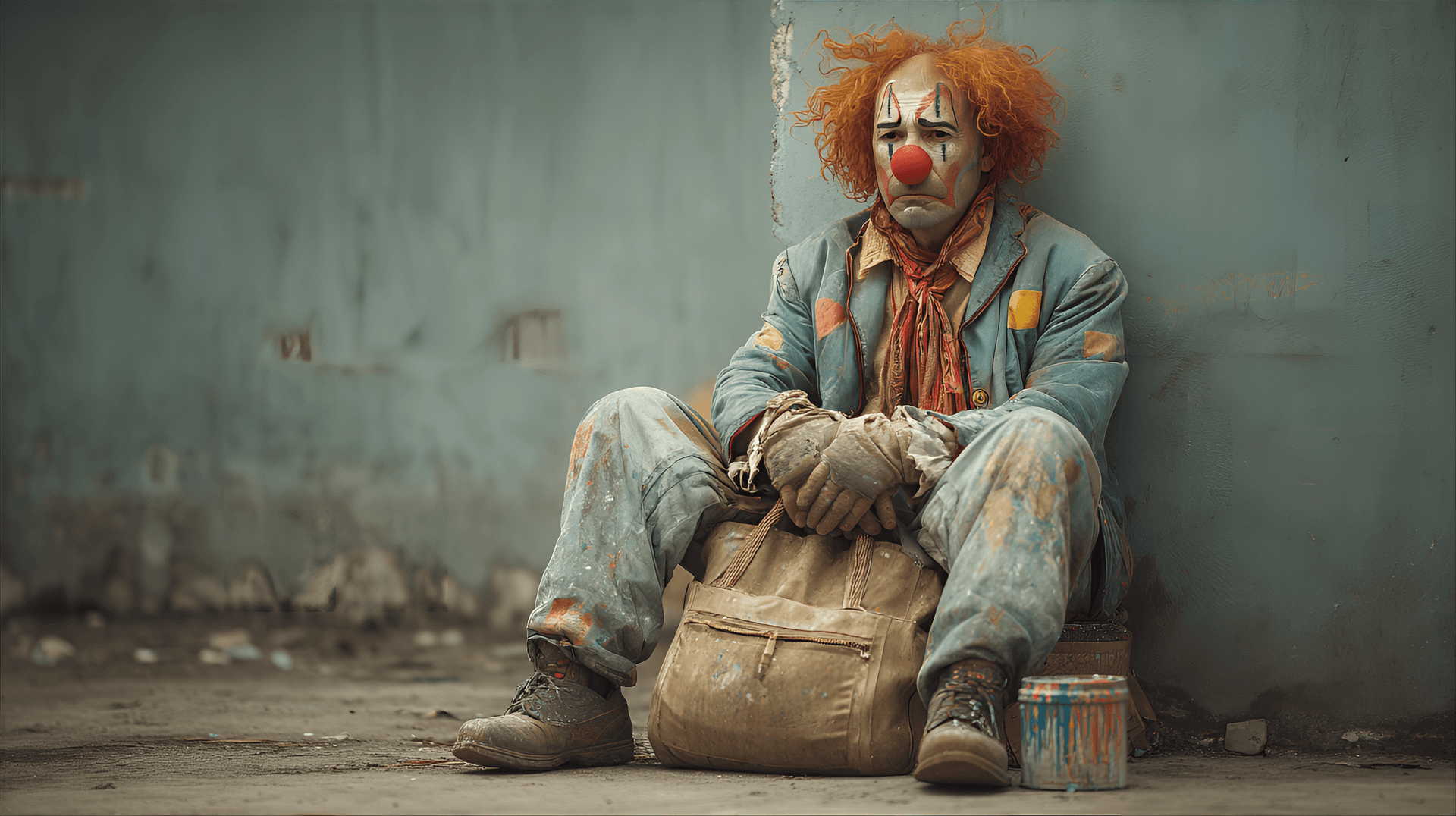 AI generated: middle-aged, light-skinned man, dressed as a disheveled clown, sits slumped against a weathered, mut...