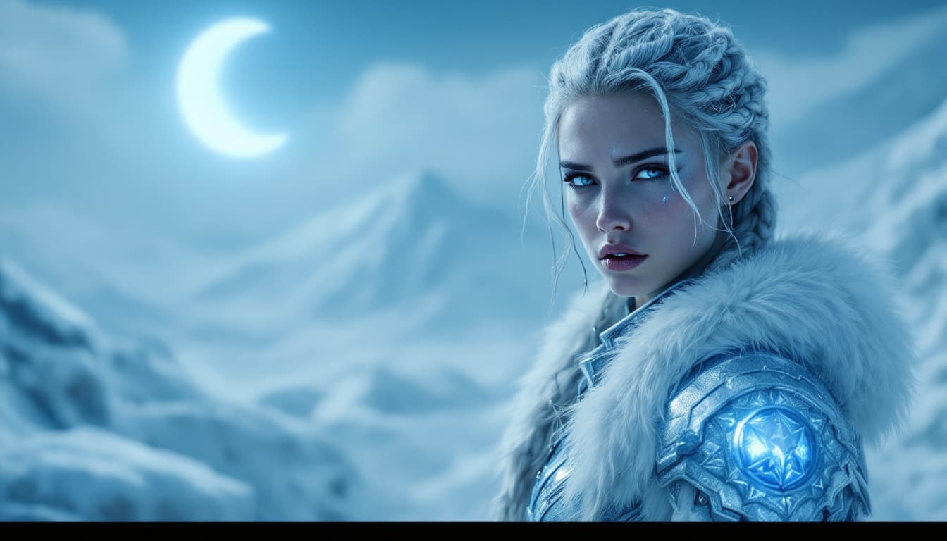 AI generated: A cinematic, ultra-realistic digital artwork featuring a young, beautiful, resilient female frost wa...