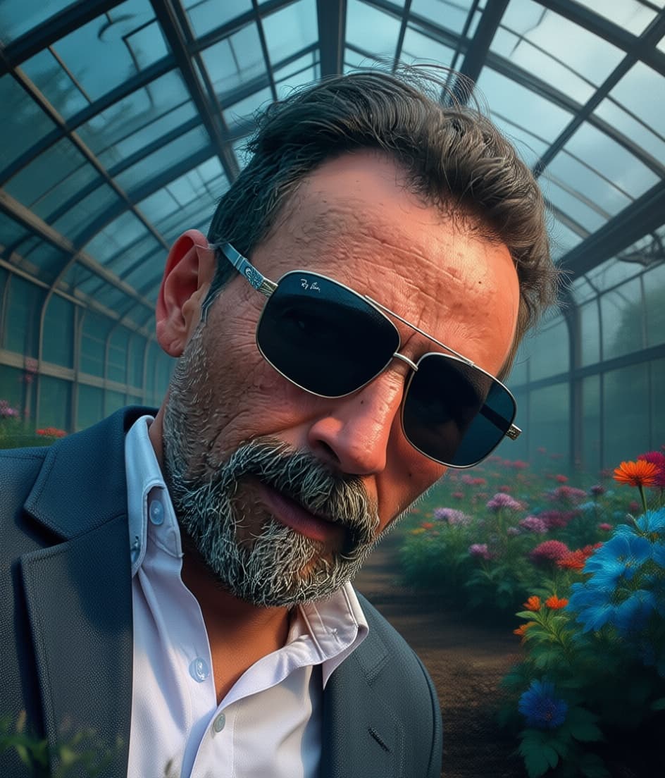 AI generated: eye level view photography of a huge greenhouse of very strange and delightful flowers, from the fut...