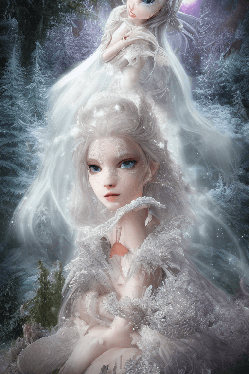 AI generated: white snow princess, highly detailed, hyper-realistic masterpiece, character design, volumetric ligh...