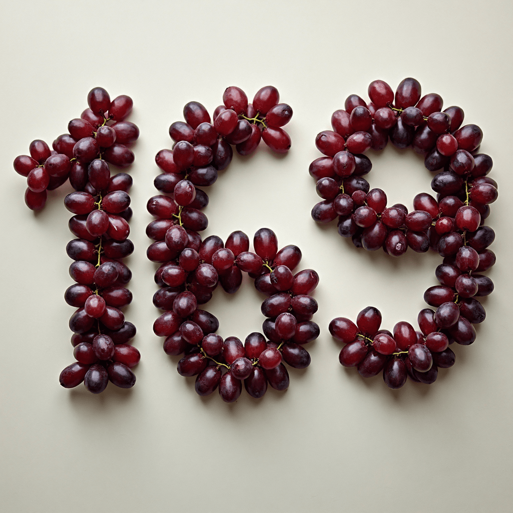 AI generated: Text '169' written entirely with separated individual grapes, each berry spaced out to form the lett...
