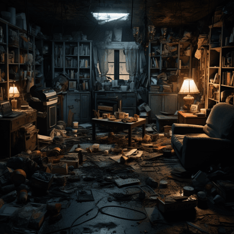 AI generated: Dimly lit living room with several objects destroyed, dirty, with garbage scattered in the corners, ...