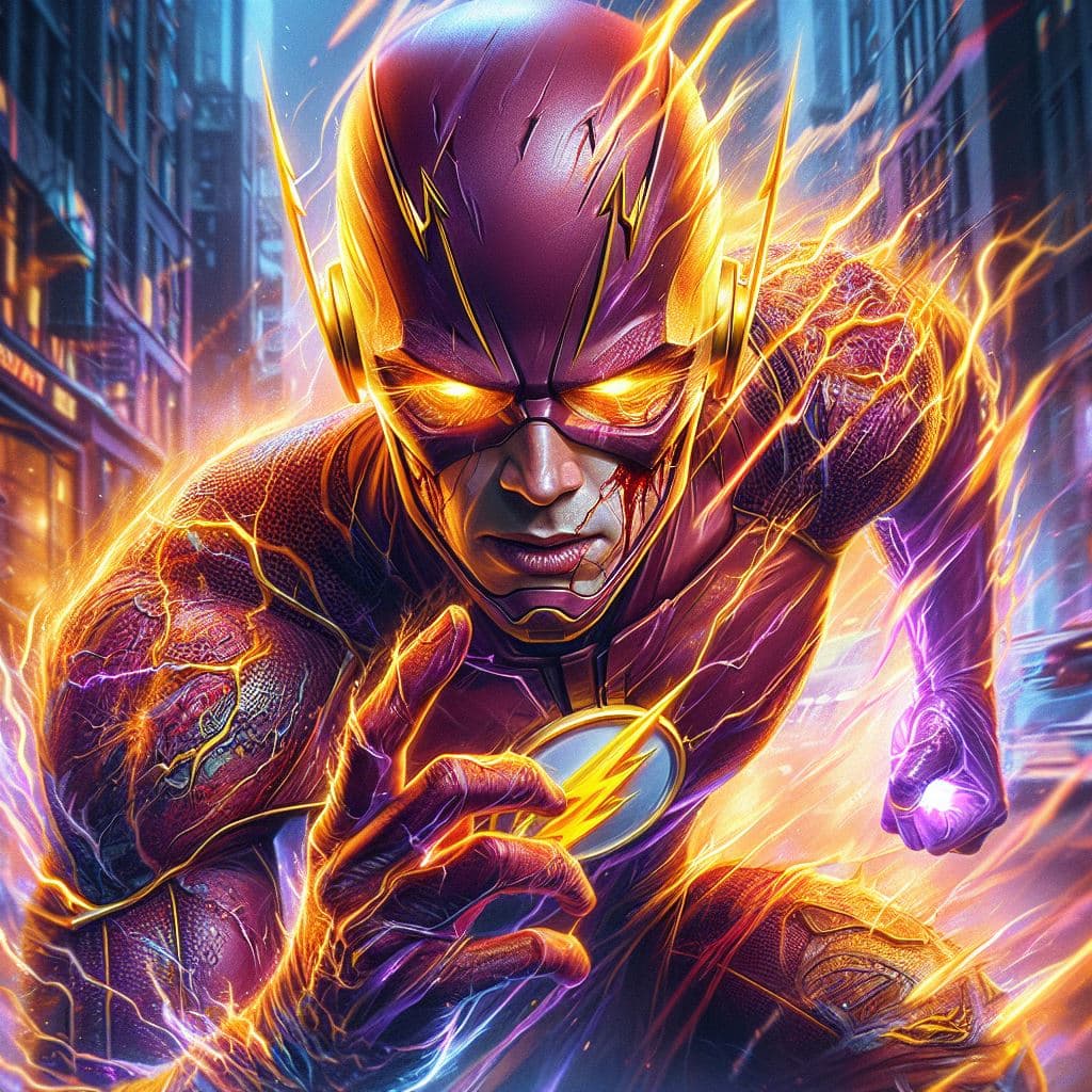 AI generated: An illustration of Flash with a hard, intense look, and strong, bandaged hands, sharing scars and ba...