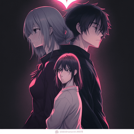 AI generated: Generates an anime style representation: a woman and a man hold a broken heart amidst a dark and bri...