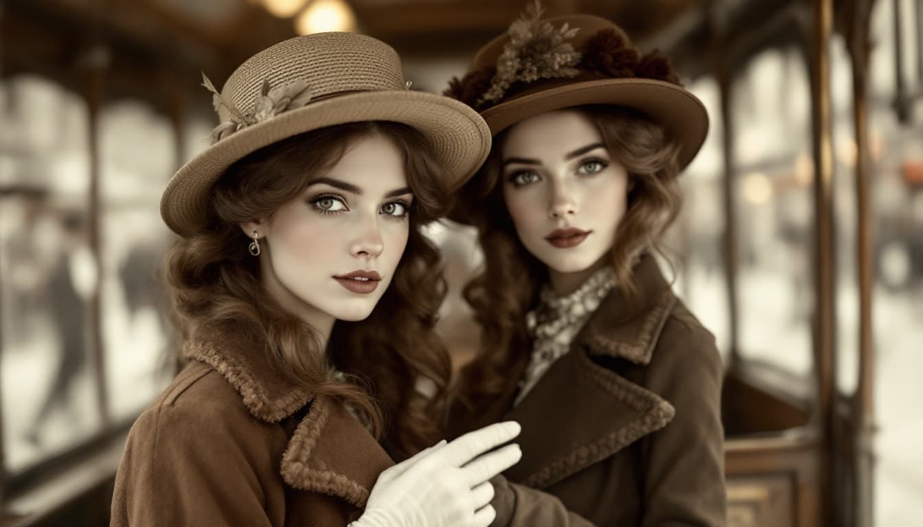 AI generated: sepia photography, two young french women, brown hair, tall and beautiful, standing In a tram of the...
