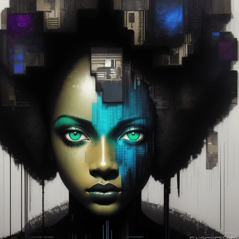 AI generated: portrait of a youthful beautiful Afro american woman, mysterious, glitch effects over the eyes, fadi...