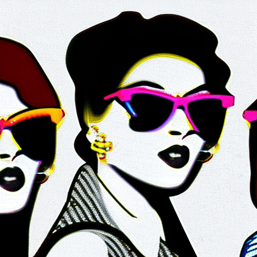 AI generated: 
three women with yellow sunglasses and a black jacket, in the style of vhs, animated gifs, candid c...