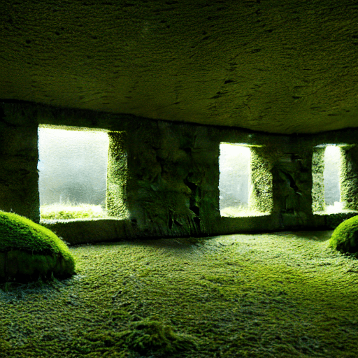 AI generated: Realistic architectural rendering of an organic capsule inside concrete blocks organic design with m...