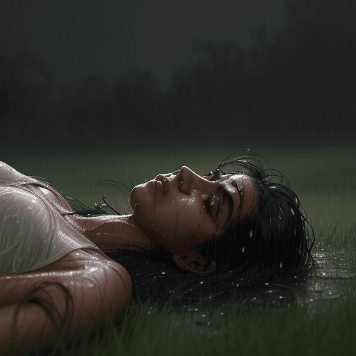 AI generated:  a young indian woman under (rain:1.5) lying on his back in the (wet high grass:1.5), (wet face:1.5)...