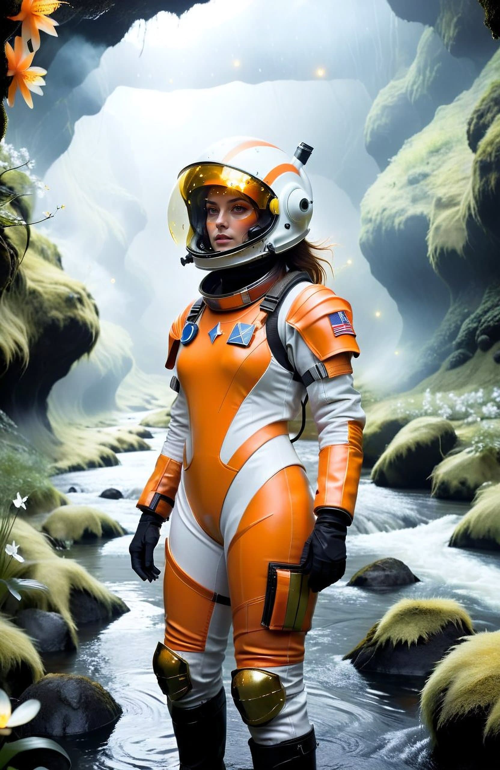 AI generated: classicnegative photo, a female space soldier wearing an orange and white space suit exploring a riv...