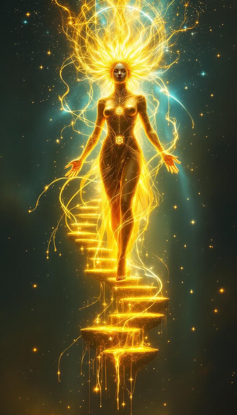 AI generated: Full body view: A luminous golden female guardian, her form woven from celestial silk and cosmic ene...
