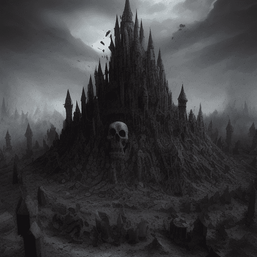 AI generated: a distopic and terrorific land made of  ashes, skulls, bones, esqueletons and more ashes.