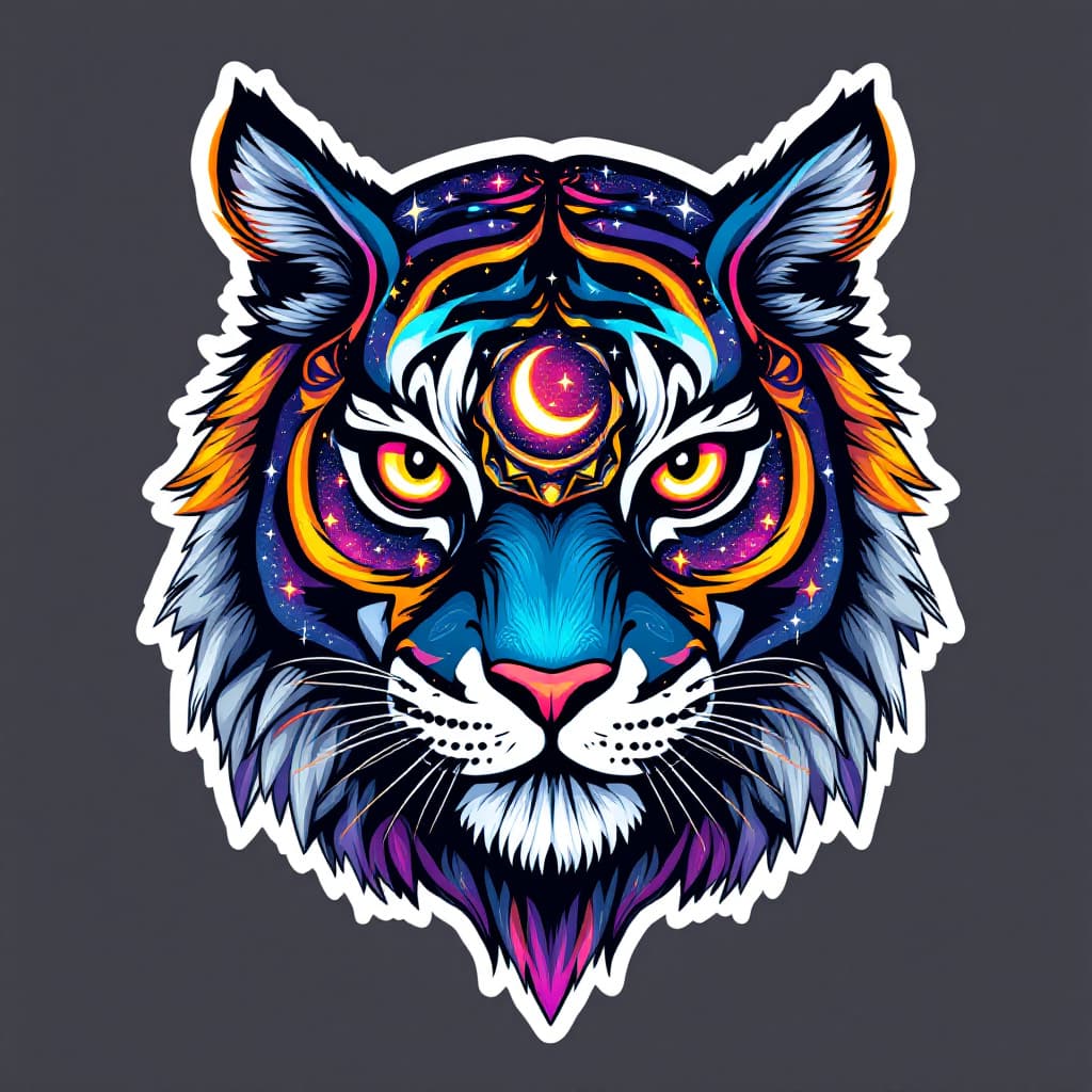 AI generated: "A bold and clean illustration of a cosmic owl designed for stickers. The tiger's face is filled wit...