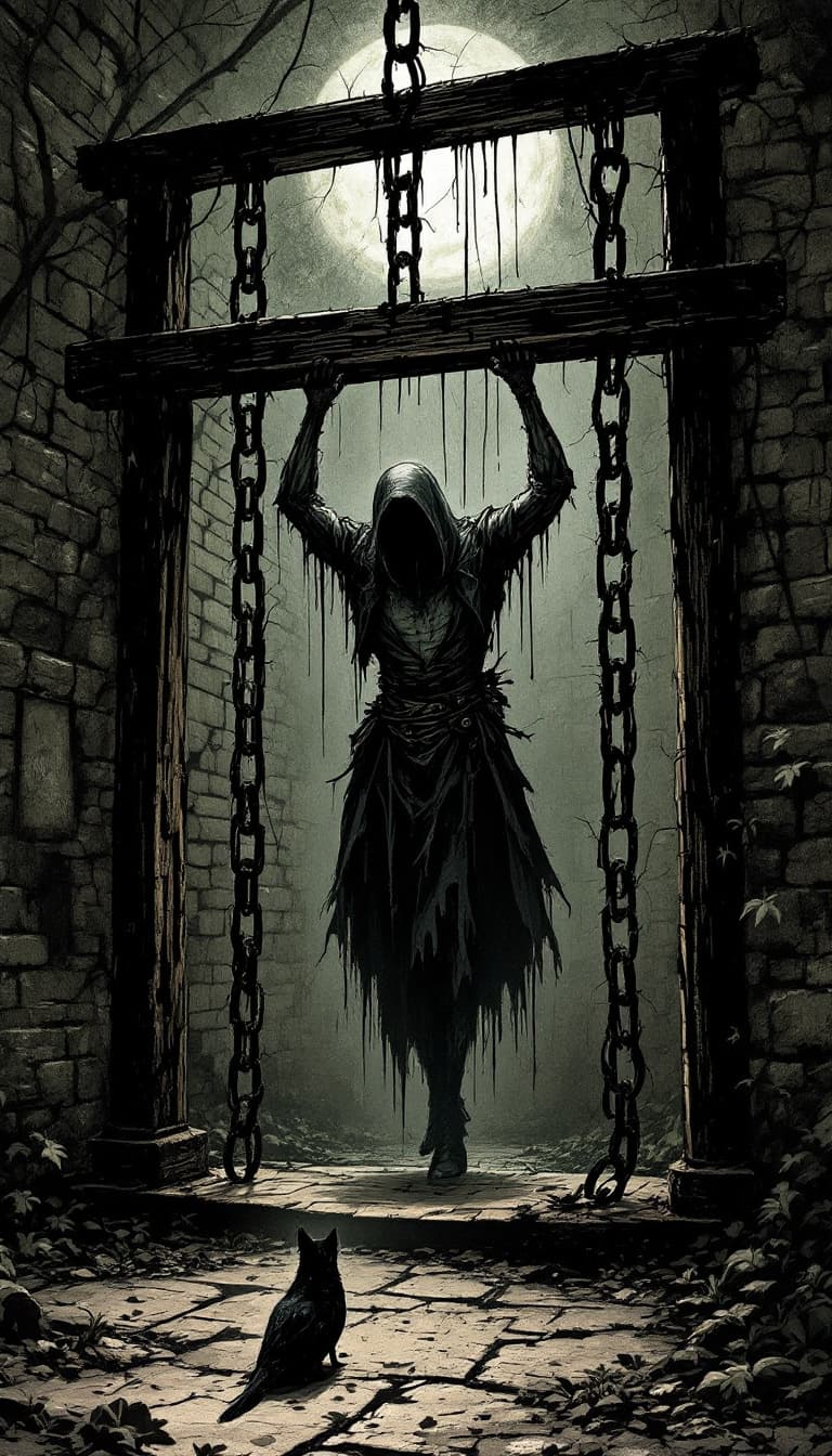 AI generated: Create an image in the style of a Victorian Penny Dreadful comic illustration of a Victorian gallows...